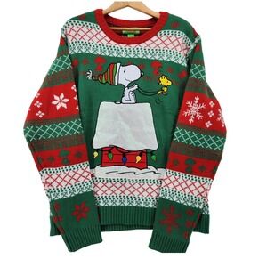 Peanuts Snoopy Woodstock Christmas Sweater Red Green Fair Isle LPEST06439K Large